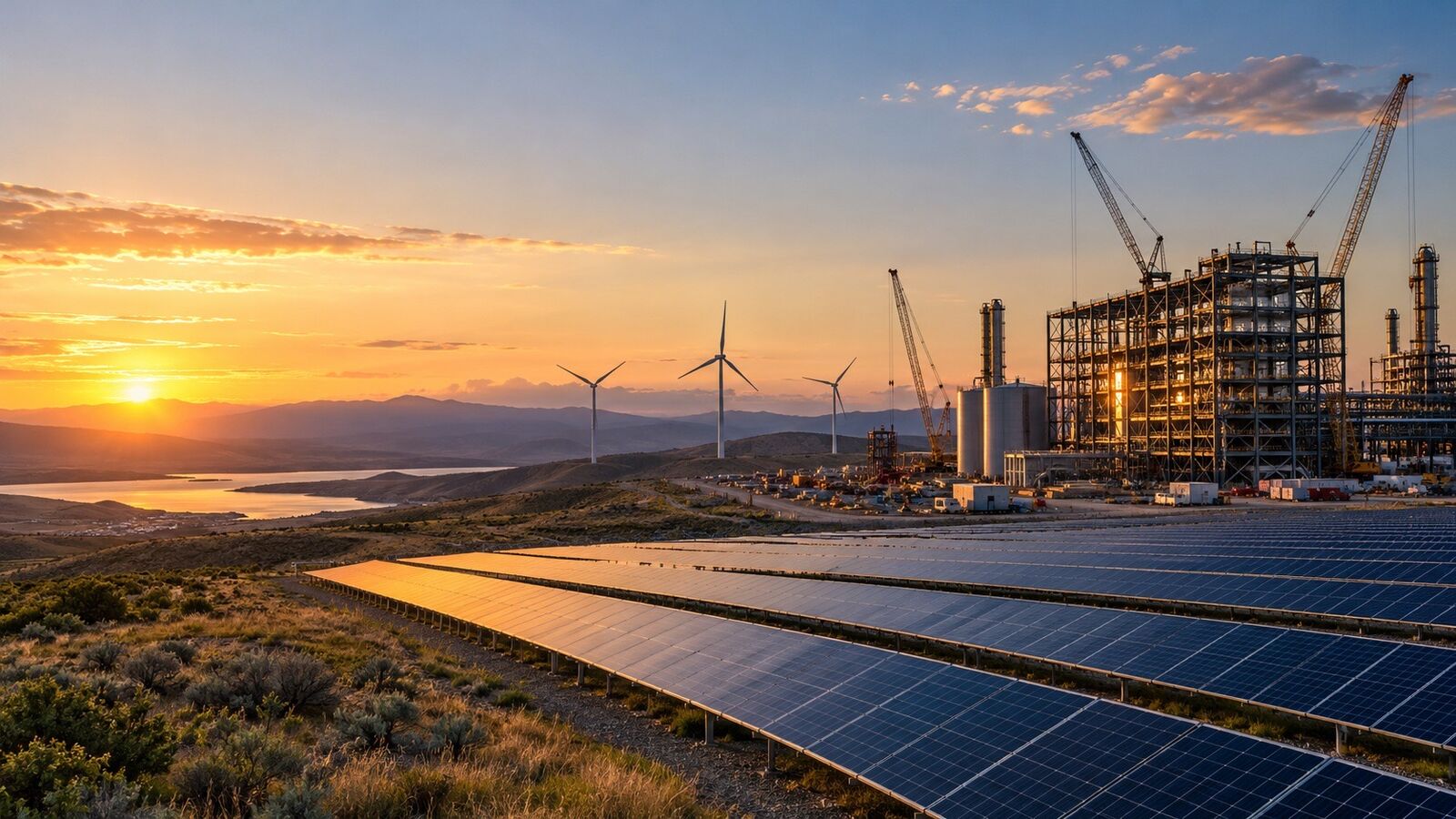 Fictional renewable-energy and industrial infrastructure project under construction at sunset.